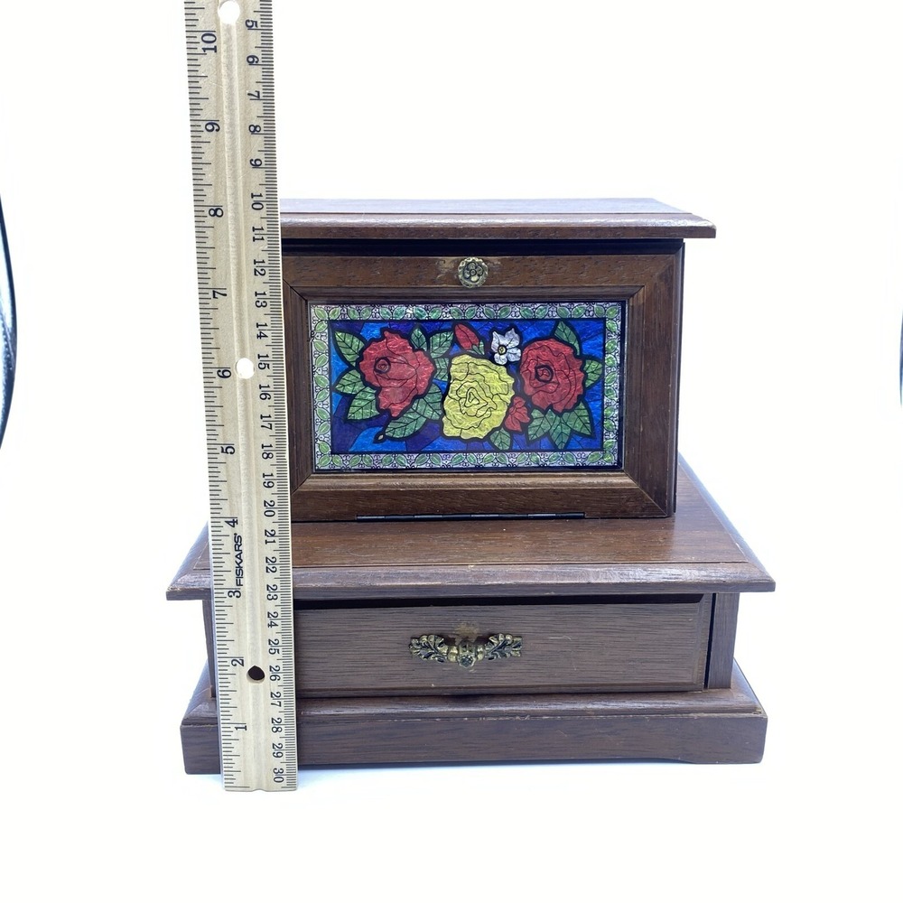 Vintage Wooden Jewelry Music Box, Made In Japan, Floral Roses Stained Glass Look - Picture 10 of 12
